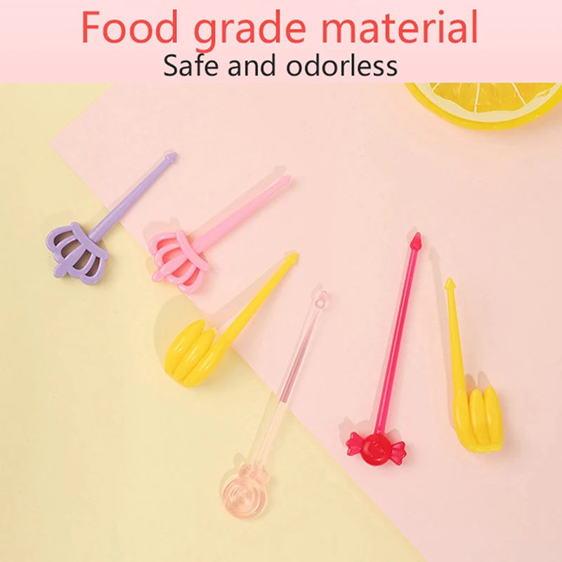 1 Set Plastic Fruit Fork Picks Mini Cartoon Children Snack Cake Dessert Picks Toothpick For Kid's Bento Party Decoration