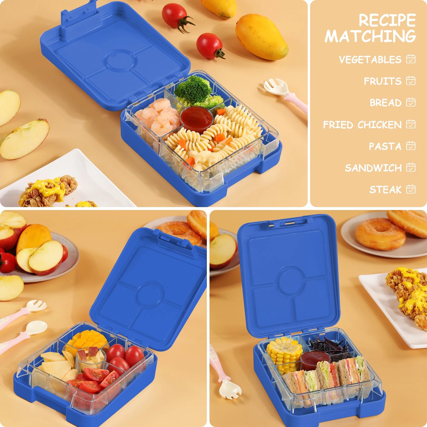 Aohea Bento Lunch Box for Kids 4 Compartment Lunch Containers Kids Leak-Proof